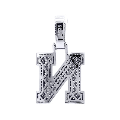 Silver  CZ Pave Iced Out Block Initial Charm Pendant - Letter N - AIN004-N