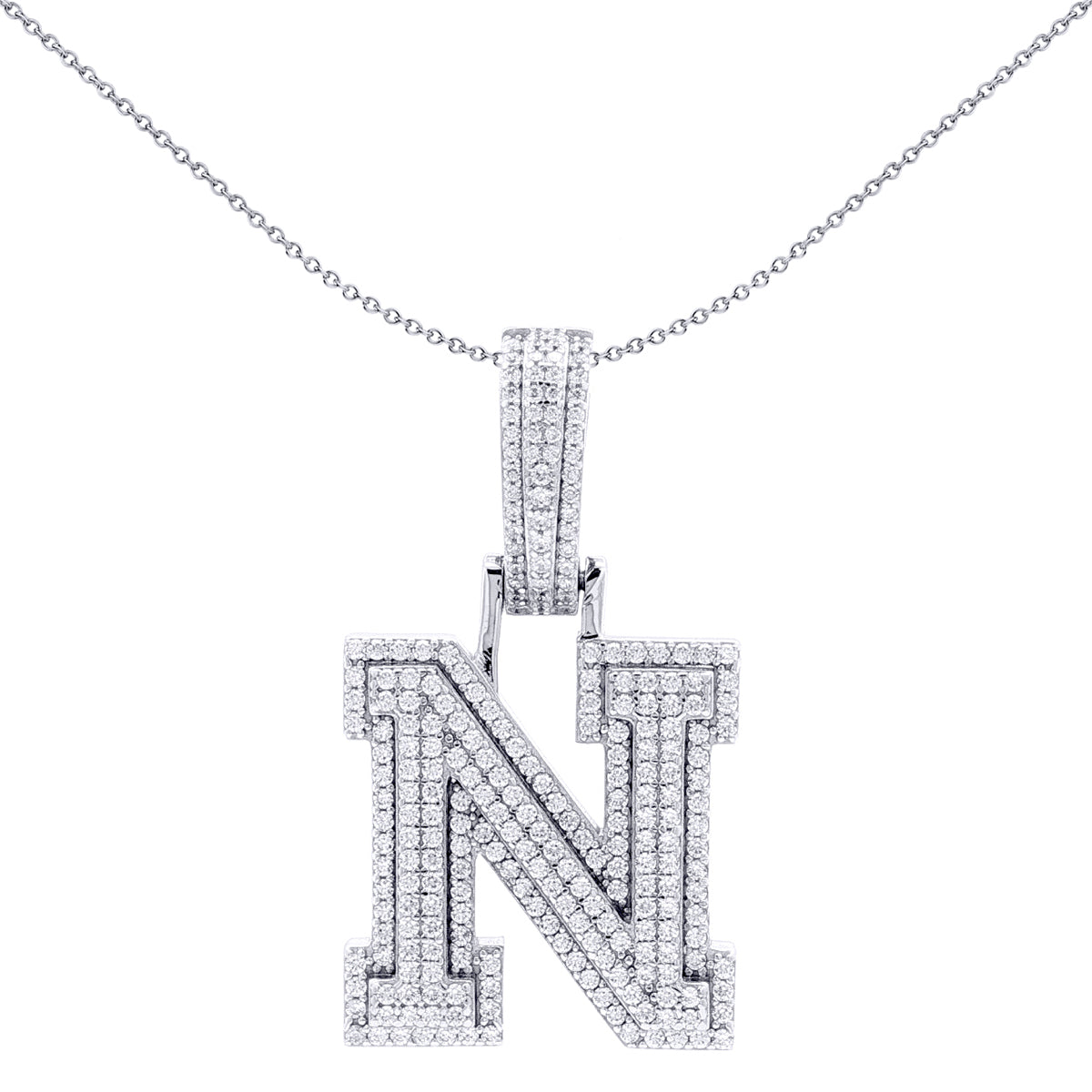 Silver  CZ Pave Iced Out Block Initial Charm Pendant - Letter N - AIN004-N