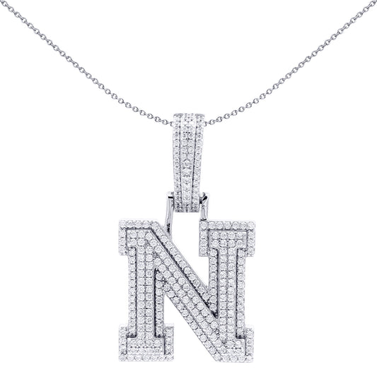 Silver  CZ Pave Iced Out Block Initial Charm Pendant - Letter N - AIN004-N