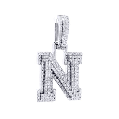 Silver  CZ Pave Iced Out Block Initial Charm Pendant - Letter N - AIN004-N
