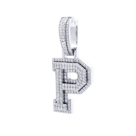 Silver  CZ Pave Iced Out Block Initial Charm Pendant - Letter P - AIN004-P