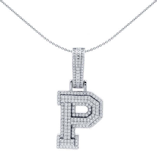 Silver  CZ Pave Iced Out Block Initial Charm Pendant - Letter P - AIN004-P