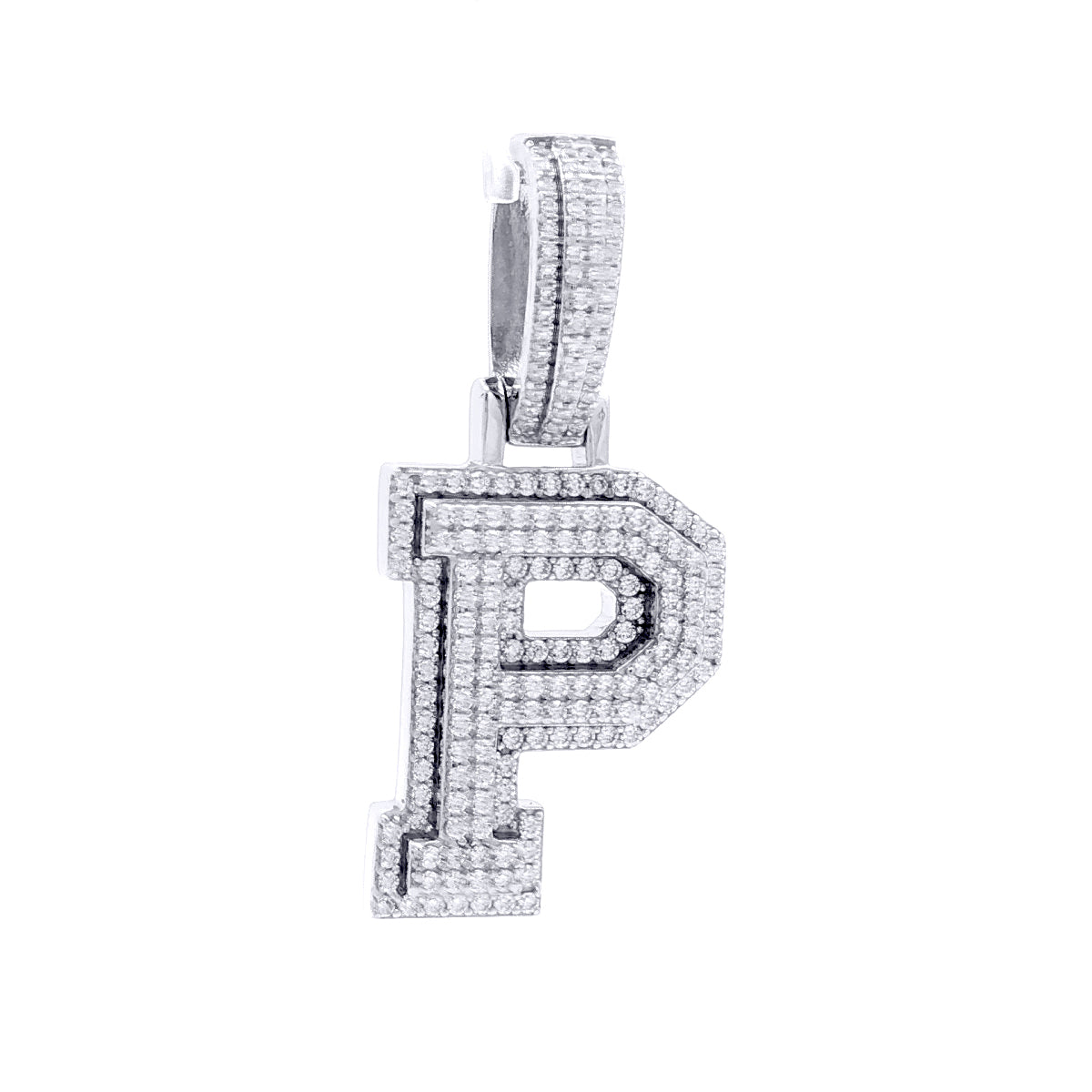 Silver  CZ Pave Iced Out Block Initial Charm Pendant - Letter P - AIN004-P