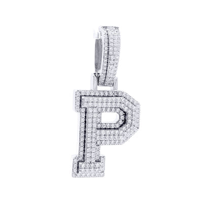 Silver  CZ Pave Iced Out Block Initial Charm Pendant - Letter P - AIN004-P
