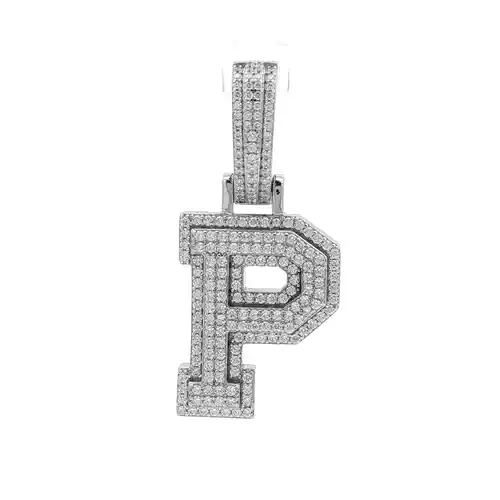 Silver  CZ Pave Iced Out Block Initial Charm Pendant - Letter P - AIN004-P
