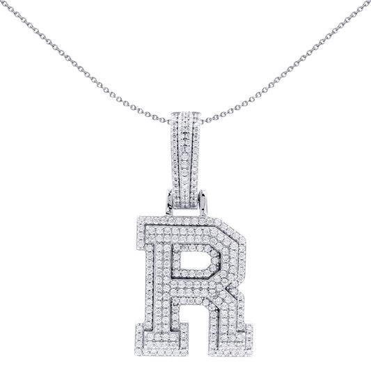 Silver  CZ Pave Iced Out Block Initial Charm Pendant - Letter R - AIN004-R