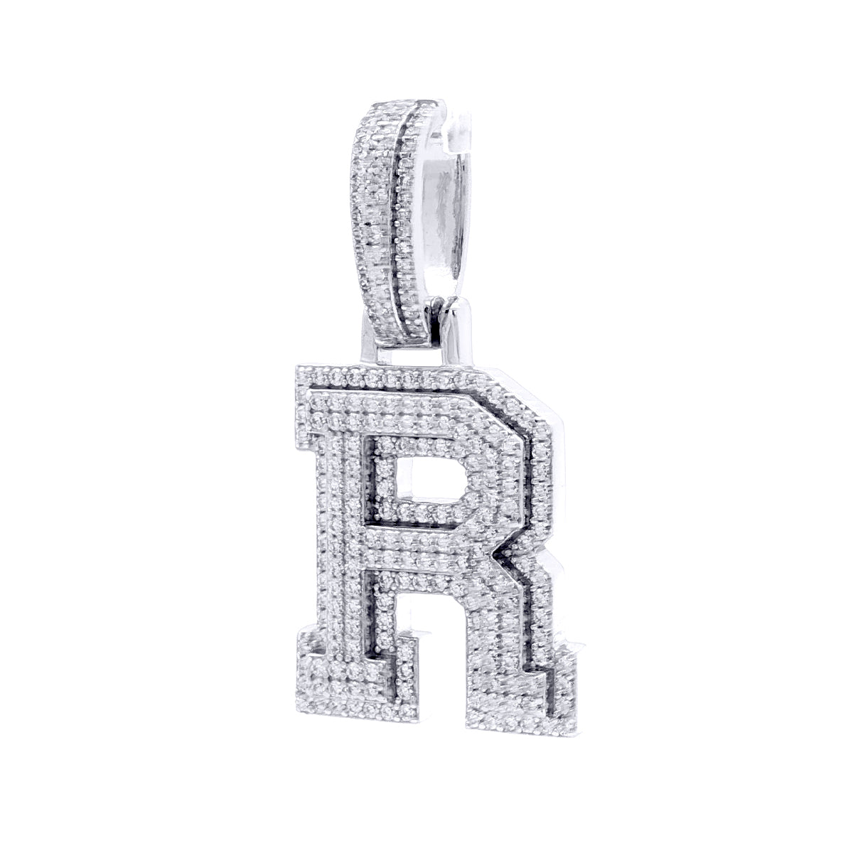 Silver  CZ Pave Iced Out Block Initial Charm Pendant - Letter R - AIN004-R