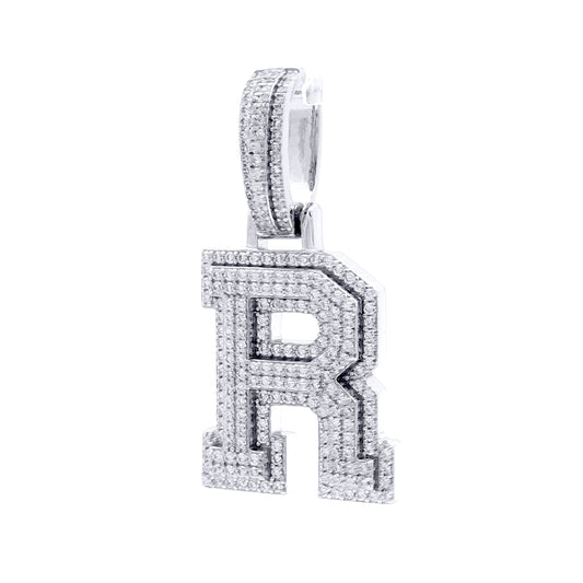 Silver  CZ Pave Iced Out Block Initial Charm Pendant - Letter R - AIN004-R
