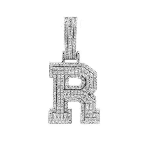 Silver  CZ Pave Iced Out Block Initial Charm Pendant - Letter R - AIN004-R