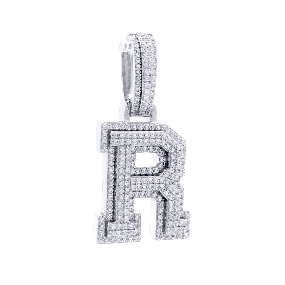 Silver  CZ Pave Iced Out Block Initial Charm Pendant - Letter R - AIN004-R