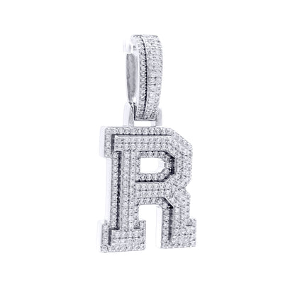 Silver  CZ Pave Iced Out Block Initial Charm Pendant - Letter R - AIN004-R