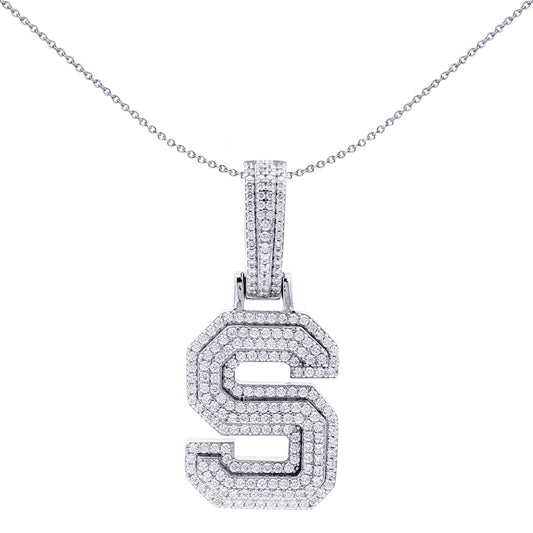 Silver CZ Pave Iced Out Block Initial Charm Pendant - Letter S - AIN004-S