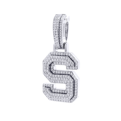 Silver  CZ Pave Iced Out Block Initial Charm Pendant - Letter S - AIN004-S