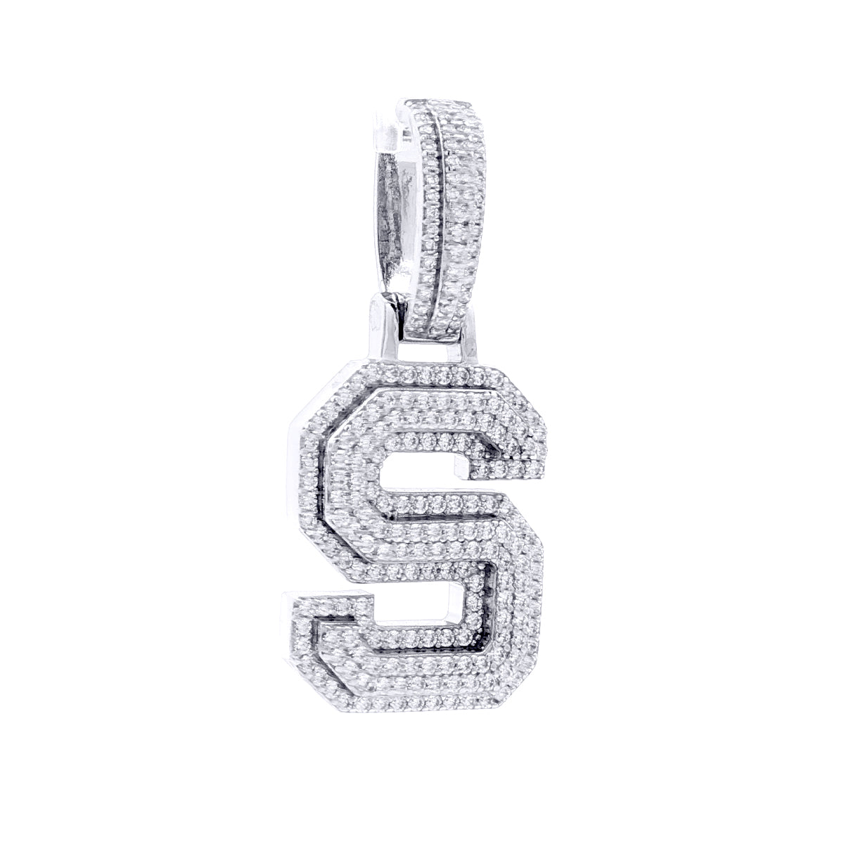 Silver  CZ Pave Iced Out Block Initial Charm Pendant - Letter S - AIN004-S