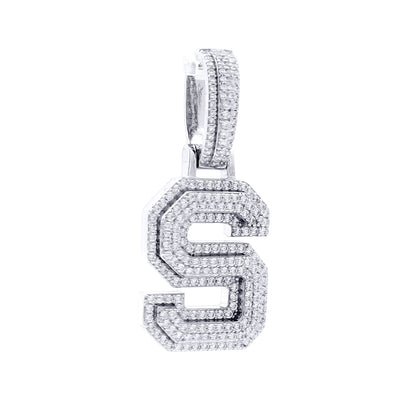 Silver  CZ Pave Iced Out Block Initial Charm Pendant - Letter S - AIN004-S