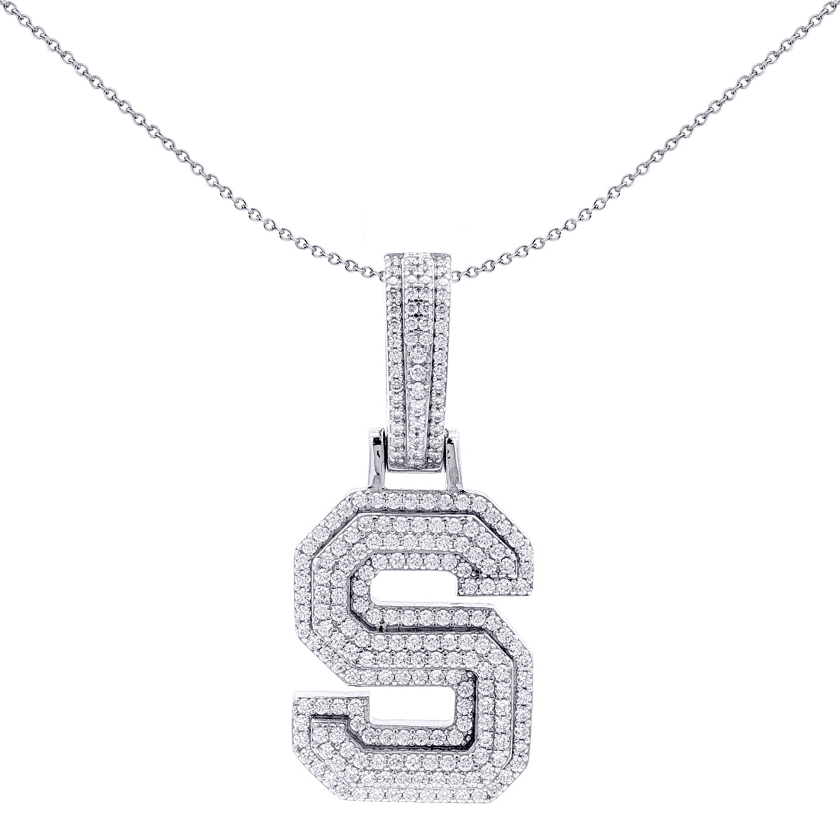 Silver  CZ Pave Iced Out Block Initial Charm Pendant - Letter S - AIN004-S