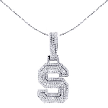 Silver  CZ Pave Iced Out Block Initial Charm Pendant - Letter S - AIN004-S