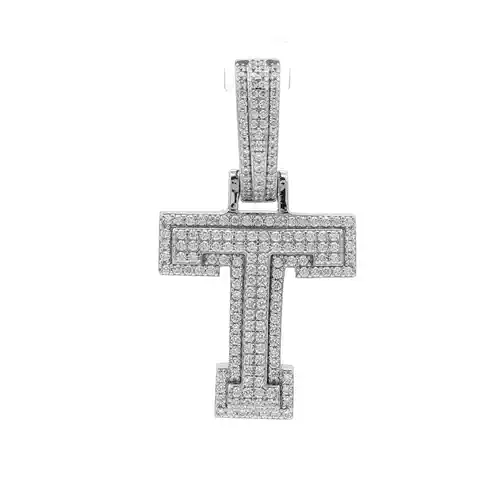 Silver  CZ Pave Iced Out Block Initial Charm Pendant - Letter T - AIN004-T