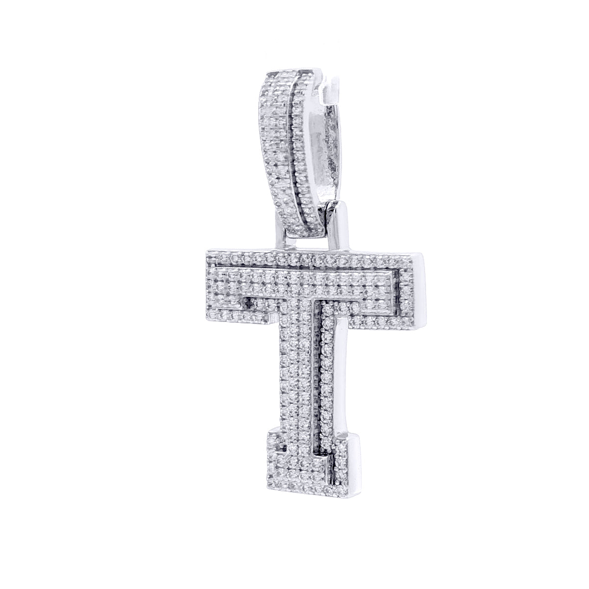 Silver  CZ Pave Iced Out Block Initial Charm Pendant - Letter T - AIN004-T