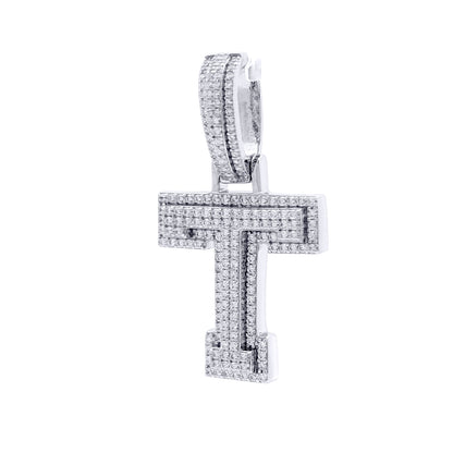 Silver  CZ Pave Iced Out Block Initial Charm Pendant - Letter T - AIN004-T
