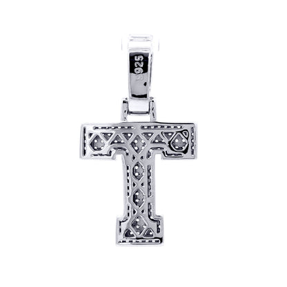 Silver  CZ Pave Iced Out Block Initial Charm Pendant - Letter T - AIN004-T