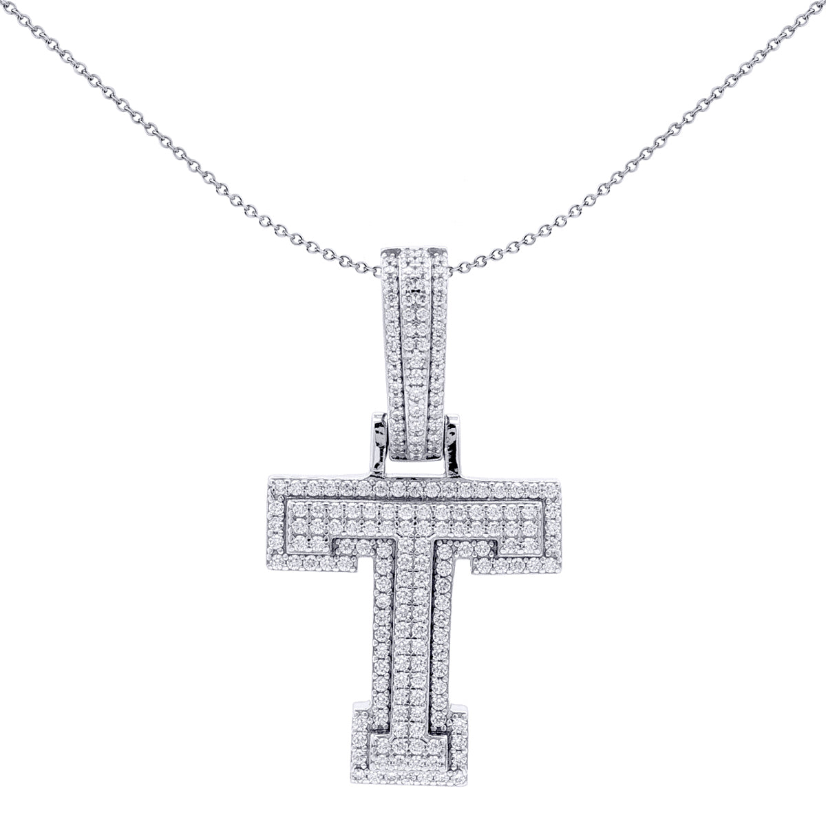 Silver  CZ Pave Iced Out Block Initial Charm Pendant - Letter T - AIN004-T