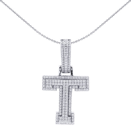 Silver  CZ Pave Iced Out Block Initial Charm Pendant - Letter T - AIN004-T