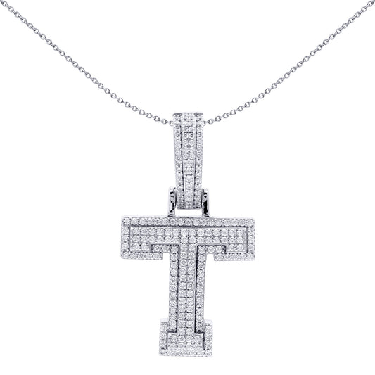 Silver  CZ Pave Iced Out Block Initial Charm Pendant - Letter T - AIN004-T