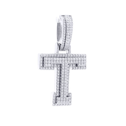 Silver  CZ Pave Iced Out Block Initial Charm Pendant - Letter T - AIN004-T