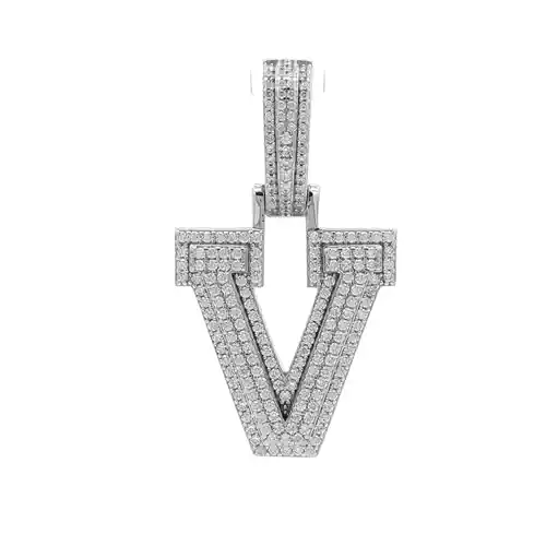 Silver  CZ Pave Iced Out Block Initial Charm Pendant - Letter V - AIN004-V