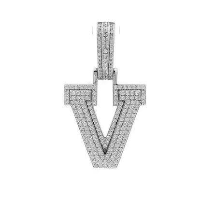 Silver  CZ Pave Iced Out Block Initial Charm Pendant - Letter V - AIN004-V