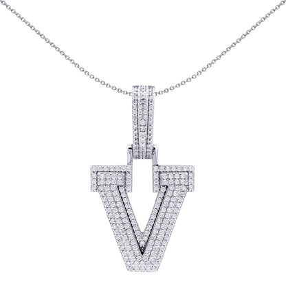 Silver  CZ Pave Iced Out Block Initial Charm Pendant - Letter V - AIN004-V