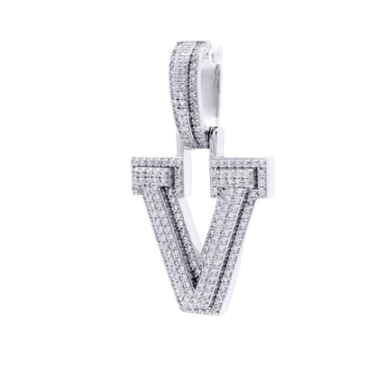Silver  CZ Pave Iced Out Block Initial Charm Pendant - Letter V - AIN004-V