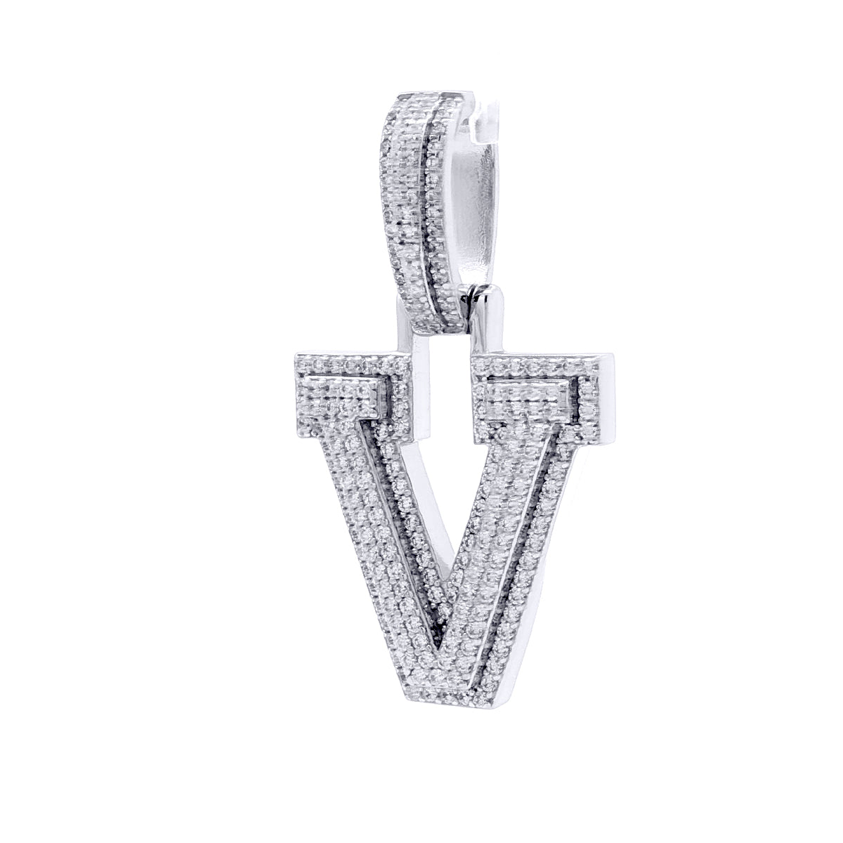 Silver  CZ Pave Iced Out Block Initial Charm Pendant - Letter V - AIN004-V