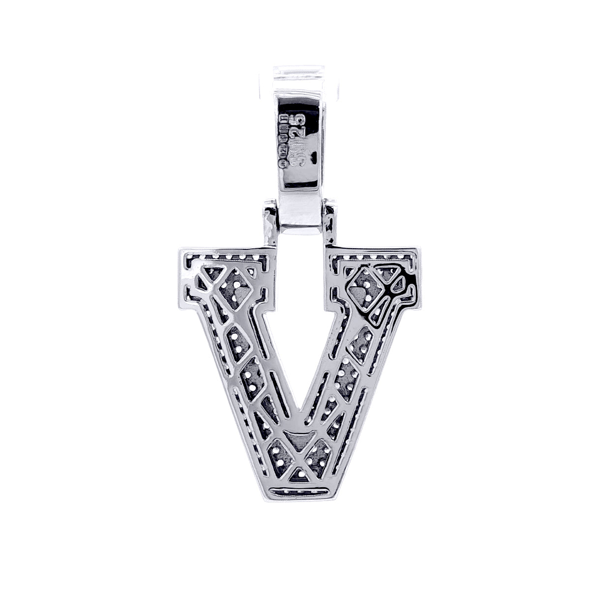 Silver  CZ Pave Iced Out Block Initial Charm Pendant - Letter V - AIN004-V