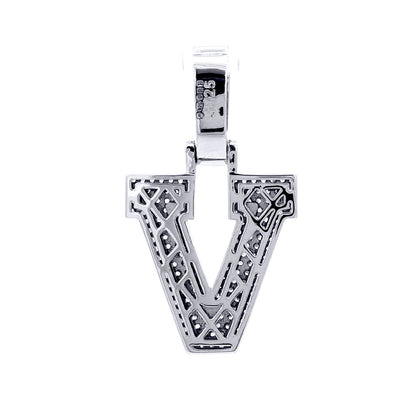 Silver  CZ Pave Iced Out Block Initial Charm Pendant - Letter V - AIN004-V