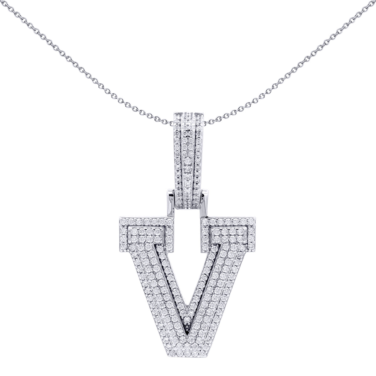 Silver  CZ Pave Iced Out Block Initial Charm Pendant - Letter V - AIN004-V