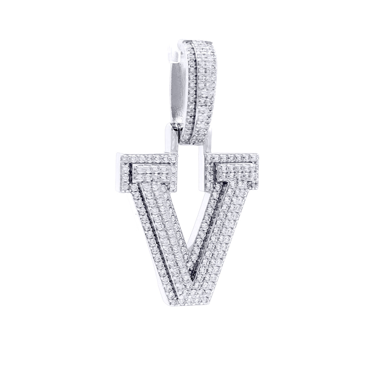 Silver  CZ Pave Iced Out Block Initial Charm Pendant - Letter V - AIN004-V