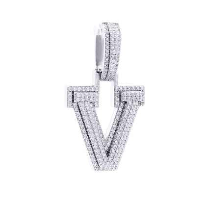 Silver  CZ Pave Iced Out Block Initial Charm Pendant - Letter V - AIN004-V