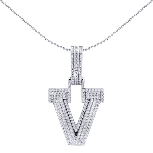 Silver  CZ Pave Iced Out Block Initial Charm Pendant - Letter V - AIN004-V