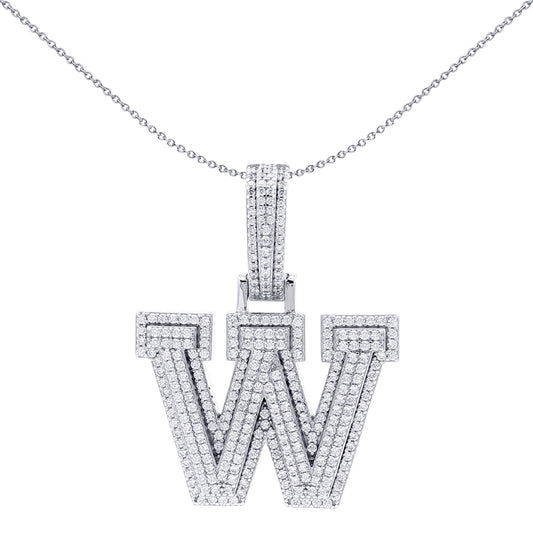 Silver CZ Pave Iced Out Block Initial Charm Pendant - Letter W - AIN004-W
