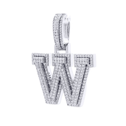 Silver  CZ Pave Iced Out Block Initial Charm Pendant - Letter W - AIN004-W