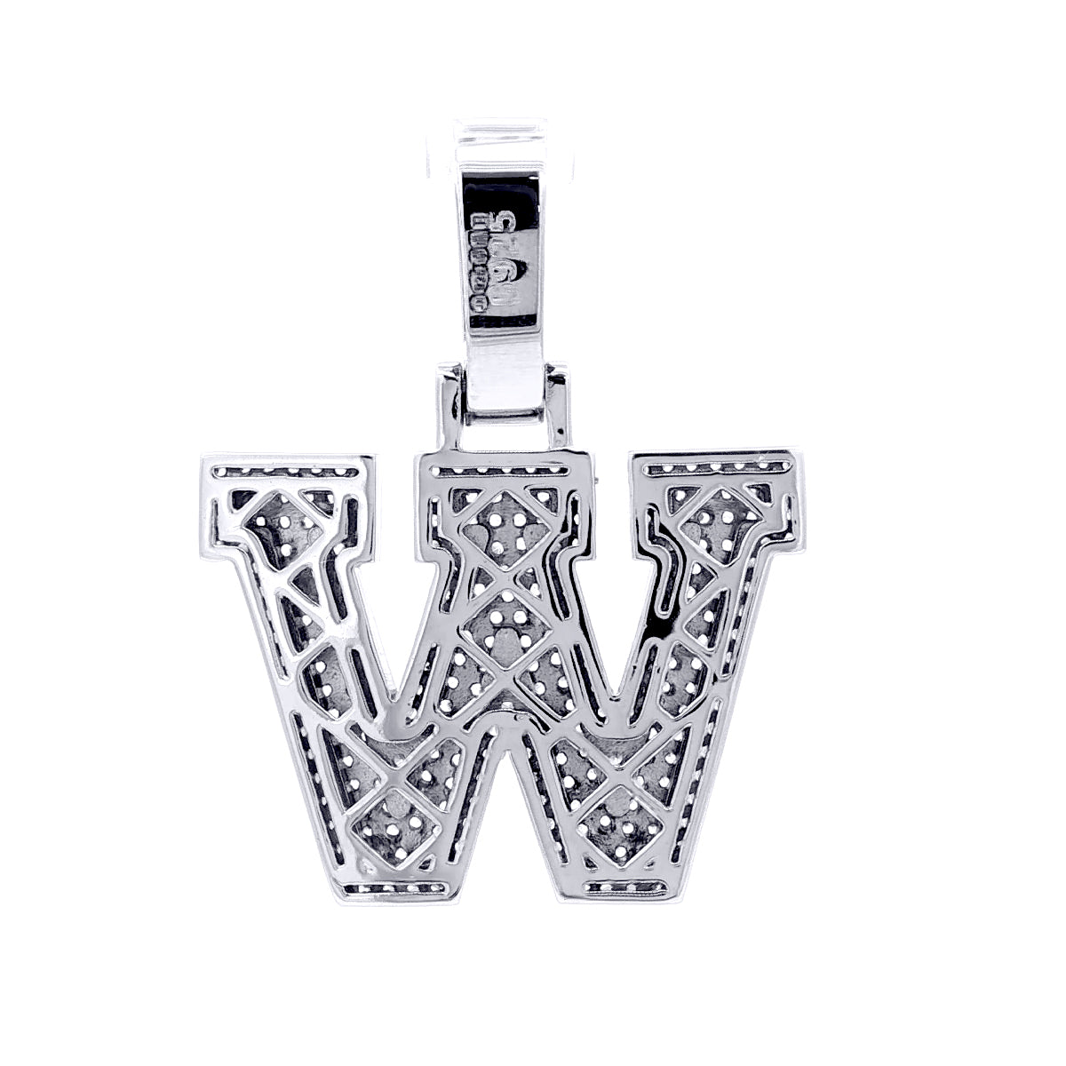 Silver  CZ Pave Iced Out Block Initial Charm Pendant - Letter W - AIN004-W