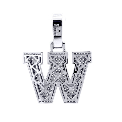 Silver  CZ Pave Iced Out Block Initial Charm Pendant - Letter W - AIN004-W