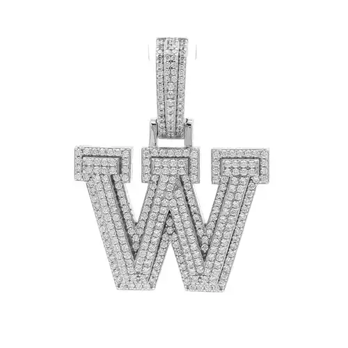 Silver  CZ Pave Iced Out Block Initial Charm Pendant - Letter W - AIN004-W