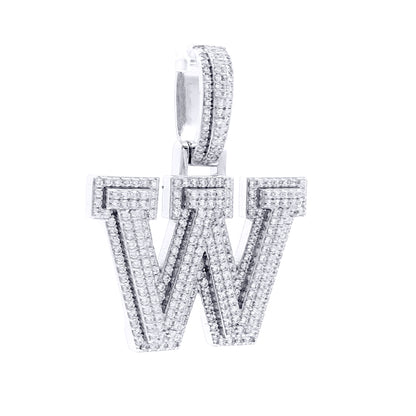 Silver  CZ Pave Iced Out Block Initial Charm Pendant - Letter W - AIN004-W