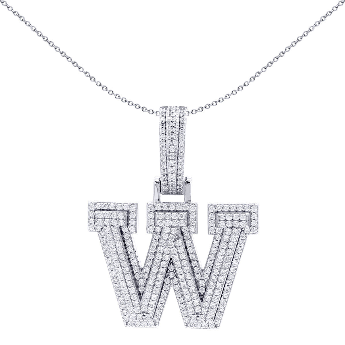 Silver  CZ Pave Iced Out Block Initial Charm Pendant - Letter W - AIN004-W