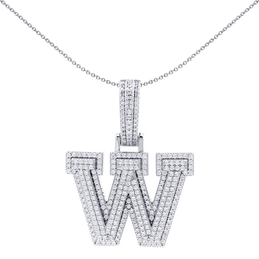 Silver  CZ Pave Iced Out Block Initial Charm Pendant - Letter W - AIN004-W