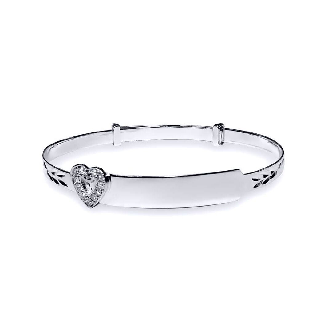 Sterling Silver  CZ Heart ID Expanding Baby Bangle Bracelet 3mm - AKB006