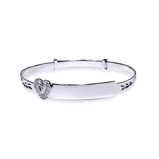 Sterling Silver  CZ Heart ID Expanding Baby Bangle Bracelet 3mm - AKB006